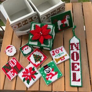 Lot Of Vintage Plastic Needlepoint Yarn Christmas Ornaments.